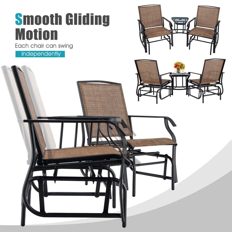 2-Person Double Swing Glider Chair Sling Fabric Porch Rocker with Glass Table & 1.73" Umbrella Hole