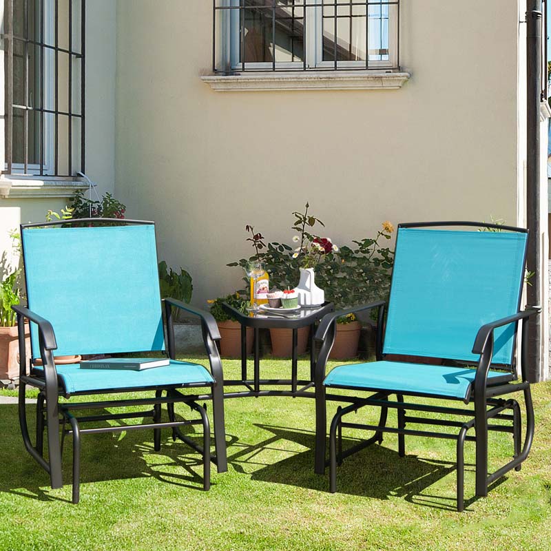 2-Person Double Swing Glider Chair Sling Fabric Porch Rocker with Glass Table & 1.73" Umbrella Hole
