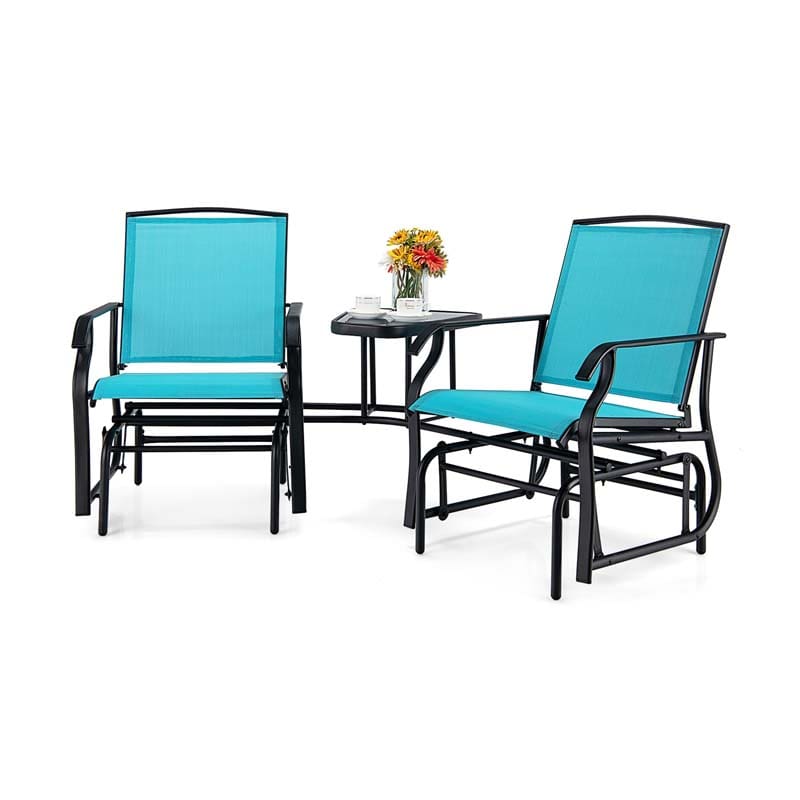 2-Person Double Swing Glider Chair Sling Fabric Porch Rocker with Glass Table & 1.73" Umbrella Hole