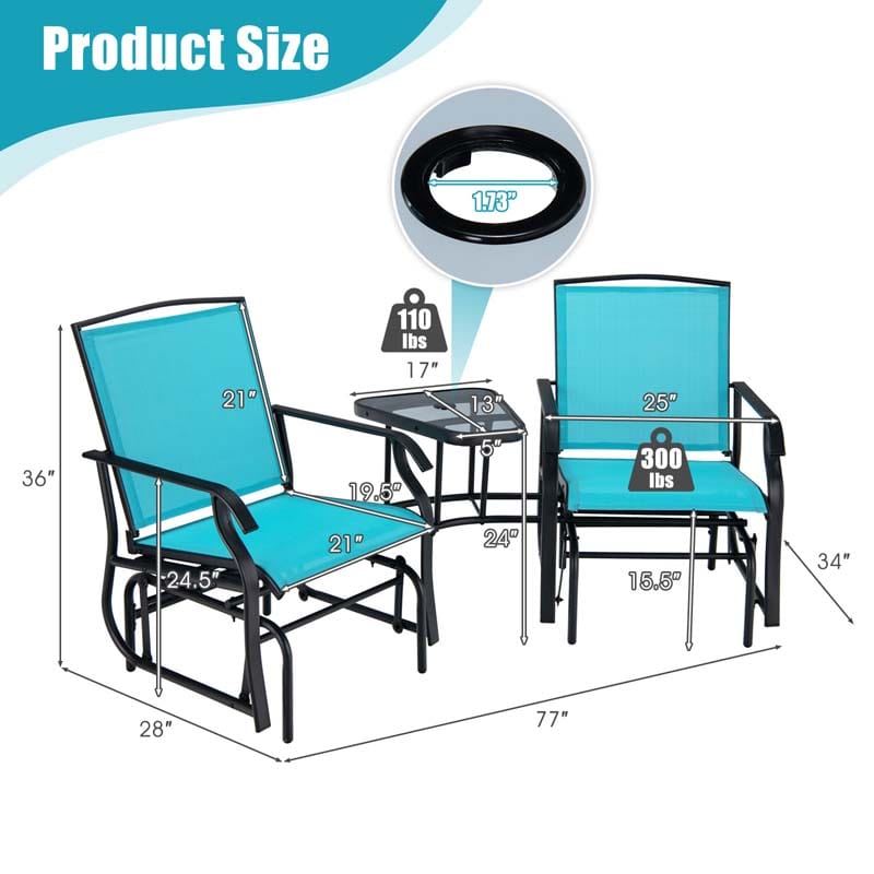 2-Person Double Swing Glider Chair Sling Fabric Porch Rocker with Glass Table & 1.73" Umbrella Hole