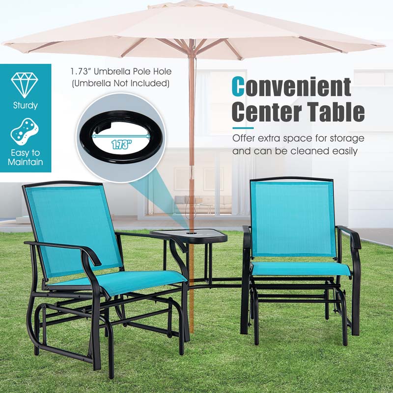 2-Person Double Swing Glider Chair Sling Fabric Porch Rocker with Glass Table & 1.73" Umbrella Hole