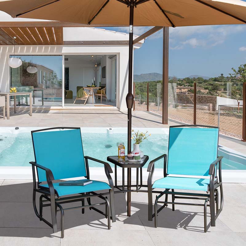 2-Person Double Swing Glider Chair Sling Fabric Porch Rocker with Glass Table & 1.73" Umbrella Hole