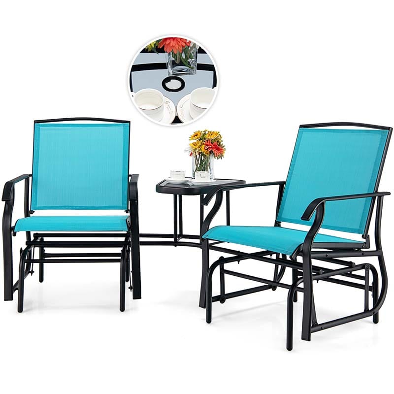 2-Person Double Swing Glider Chair Sling Fabric Porch Rocker with Glass Table & 1.73" Umbrella Hole
