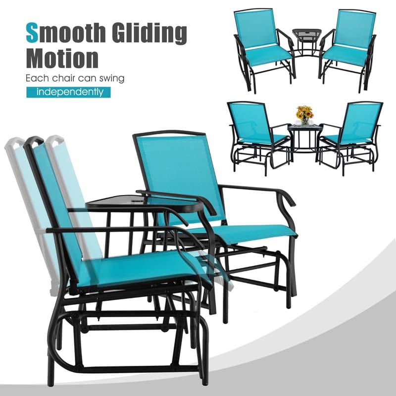 2-Person Double Swing Glider Chair Sling Fabric Porch Rocker with Glass Table & 1.73" Umbrella Hole