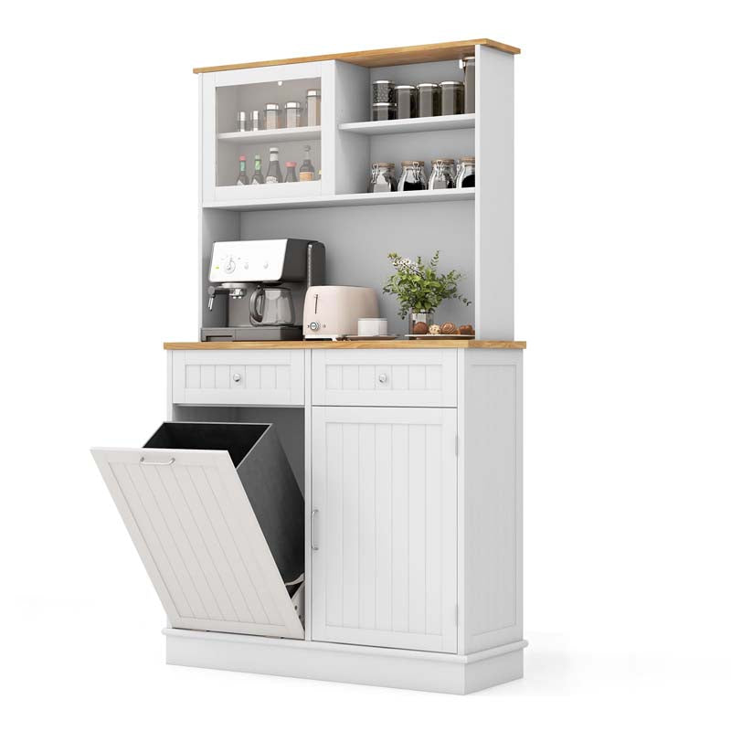 68" Tall 10-Gallon Tilt Out Trash Cabinet with Hutch, Freestanding Wood Kitchen Pantry Sideboard Cupboard with Countertop & Drawers