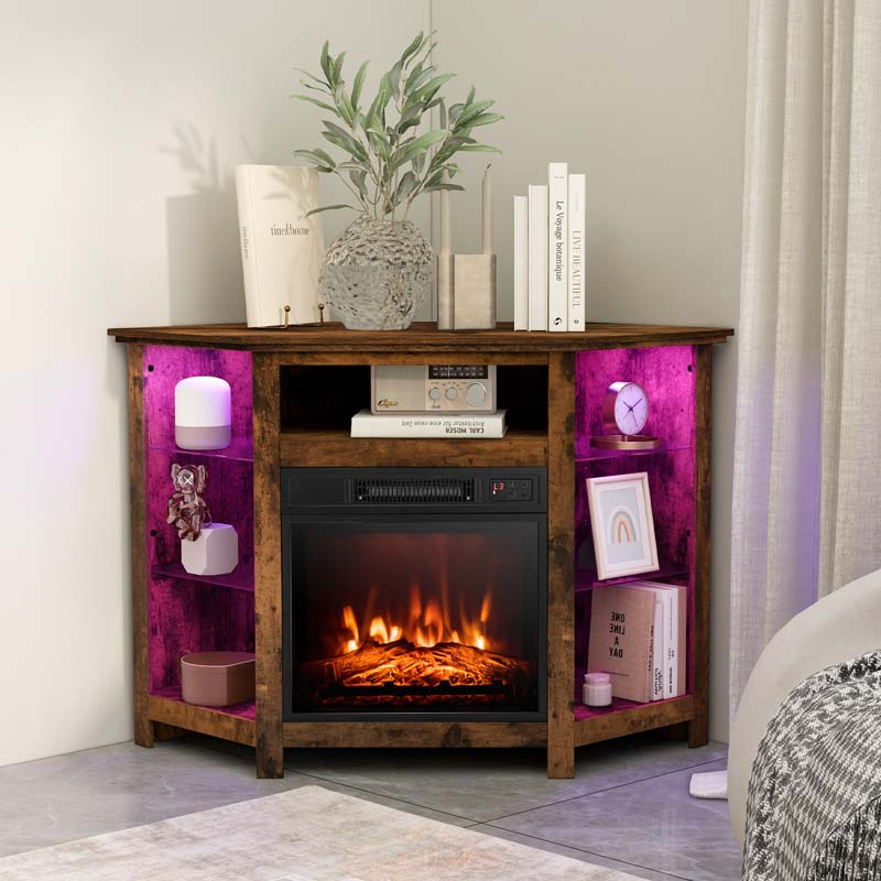 Modern Corner Fireplace TV Stand with LED Lights for TVs up to 50", Entertainment Center with Electric Fireplace & APP Control