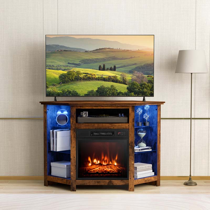 Modern Corner Fireplace TV Stand with LED Lights for TVs up to 50", Entertainment Center with Electric Fireplace & APP Control