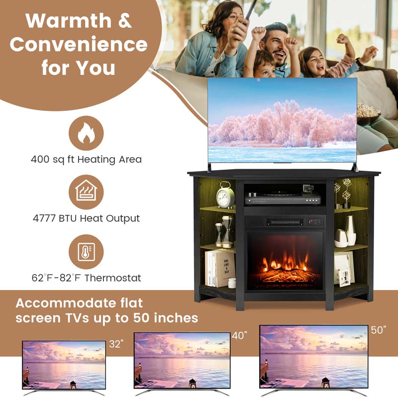 Modern Corner Fireplace TV Stand with LED Lights for TVs up to 50", Entertainment Center with Electric Fireplace & APP Control