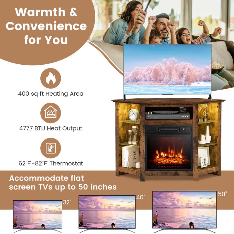 Modern Corner Fireplace TV Stand with LED Lights for TVs up to 50", Entertainment Center with Electric Fireplace & APP Control