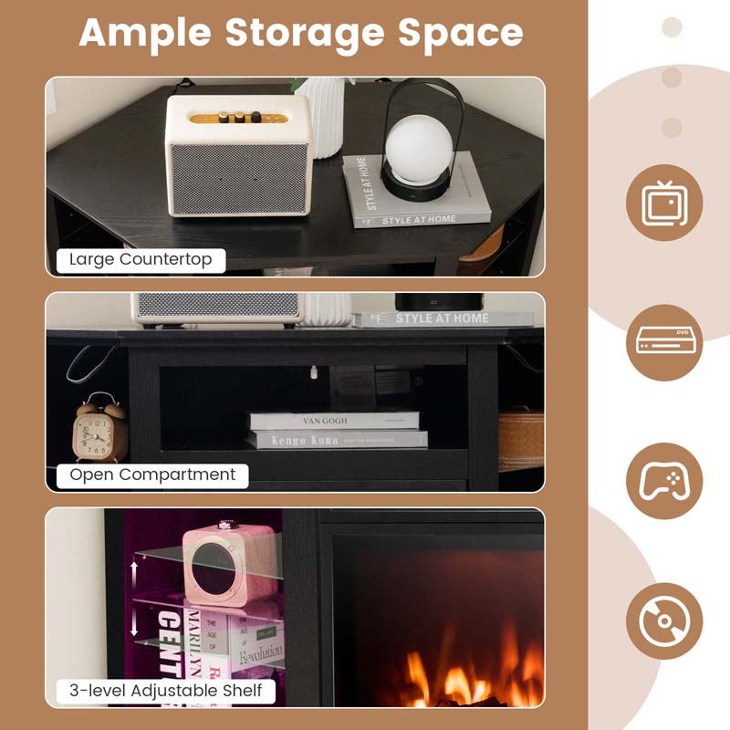 Modern Corner Fireplace TV Stand with LED Lights for TVs up to 50", Entertainment Center with Electric Fireplace & APP Control