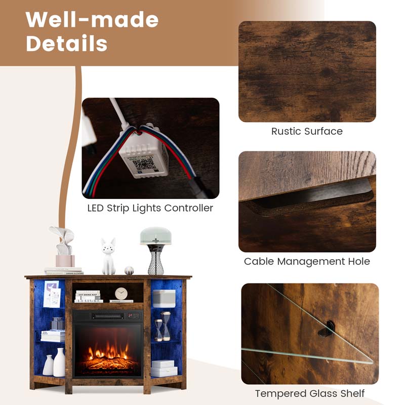 Modern Corner Fireplace TV Stand with LED Lights for TVs up to 50", Entertainment Center with Electric Fireplace & APP Control
