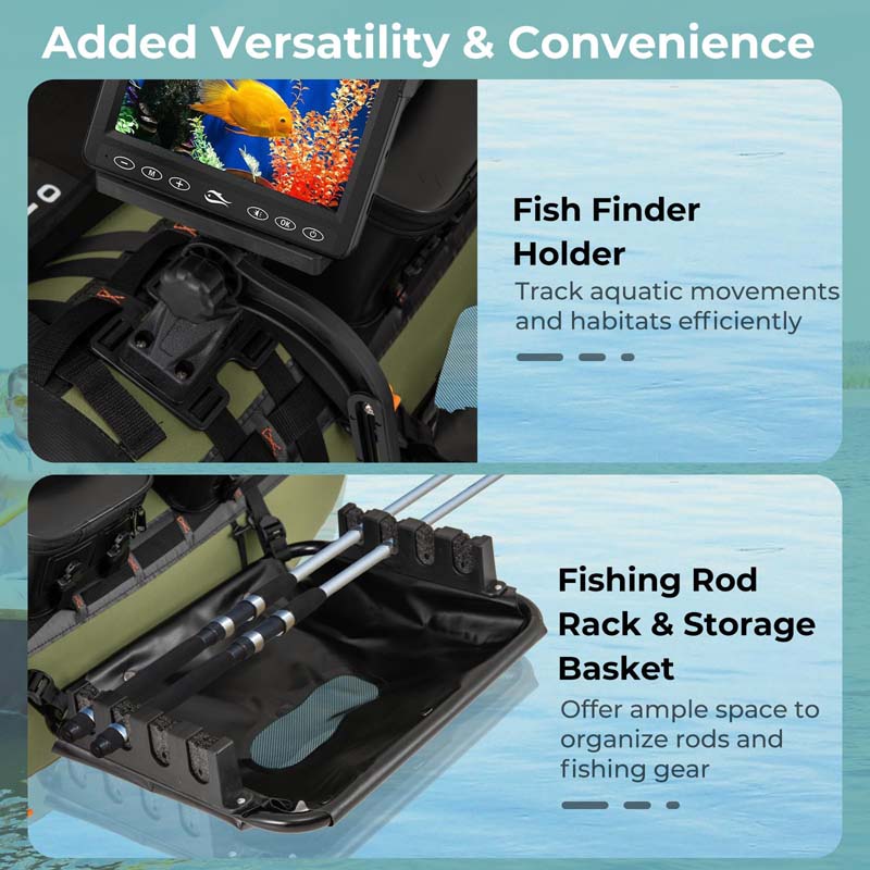 350LBS Inflatable Belly Boat with Fish Finder Holder, Rod Rack, Fish Ruler, Storage Boxes, Portable Backpack Fishing Float Tube