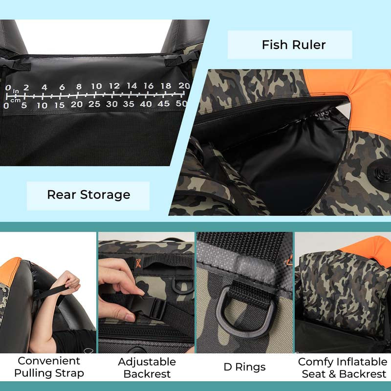 350LBS Inflatable Belly Boat with Fish Finder Holder, Rod Rack, Fish Ruler, Storage Boxes, Portable Backpack Fishing Float Tube