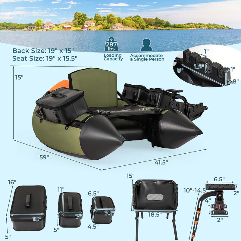 350LBS Inflatable Belly Boat with Fish Finder Holder, Rod Rack, Fish Ruler, Storage Boxes, Portable Backpack Fishing Float Tube