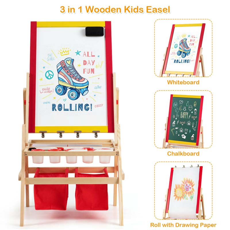 3-in-1 Wood Kids Art Easel Double-Sided Adjustable Toddler Drawing Board with Magnetic Whiteboard & Chalkboard, Accessories