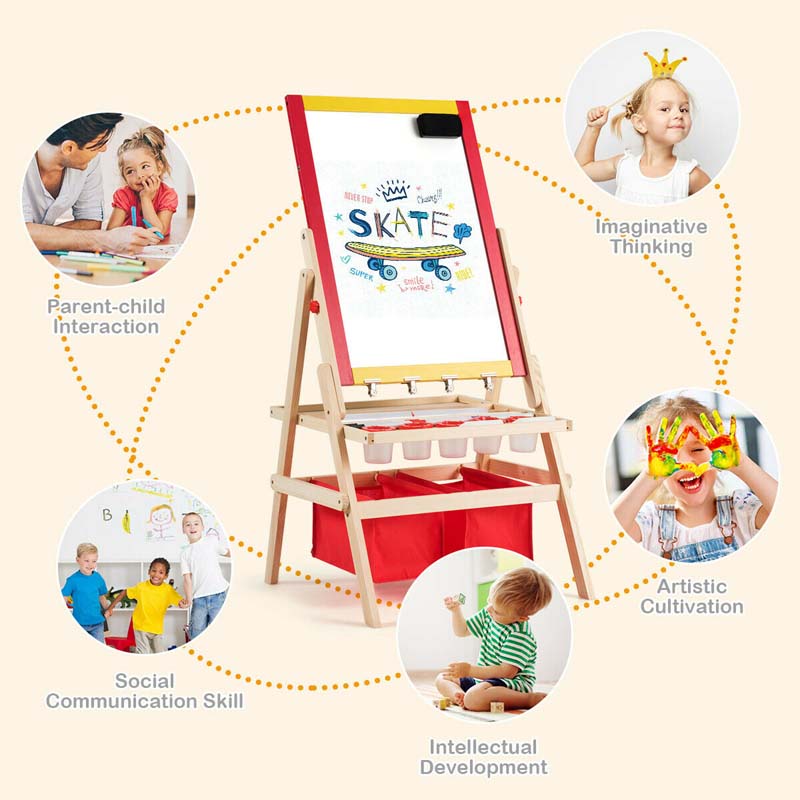 3-in-1 Wood Kids Art Easel Double-Sided Adjustable Toddler Drawing Board with Magnetic Whiteboard & Chalkboard, Accessories
