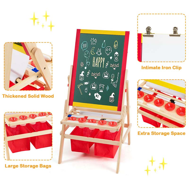 3-in-1 Wood Kids Art Easel Double-Sided Adjustable Toddler Drawing Board with Magnetic Whiteboard & Chalkboard, Accessories