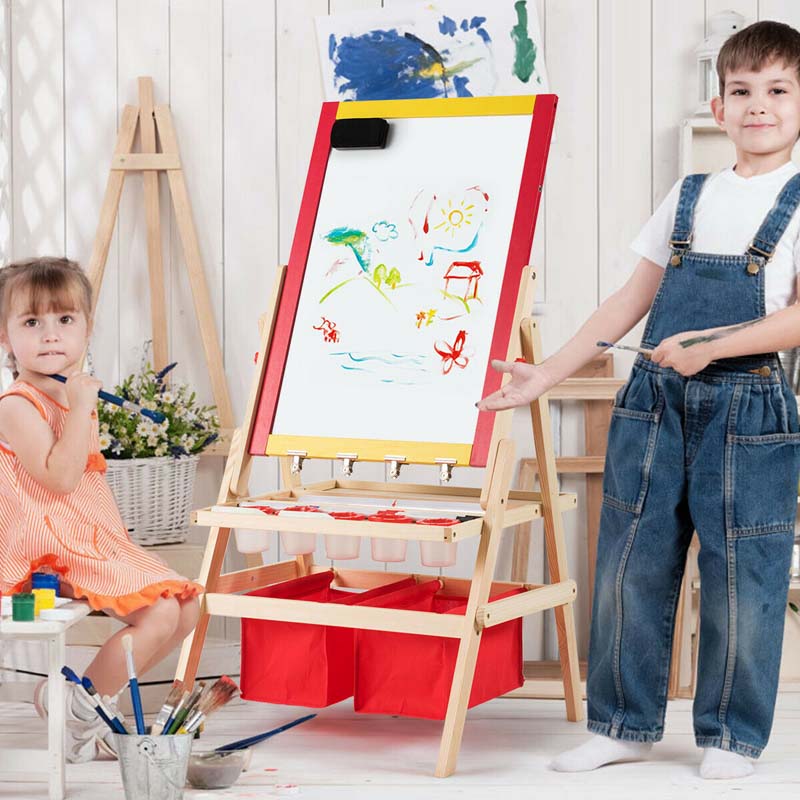 3-in-1 Wood Kids Art Easel Double-Sided Adjustable Toddler Drawing Board with Magnetic Whiteboard & Chalkboard, Accessories