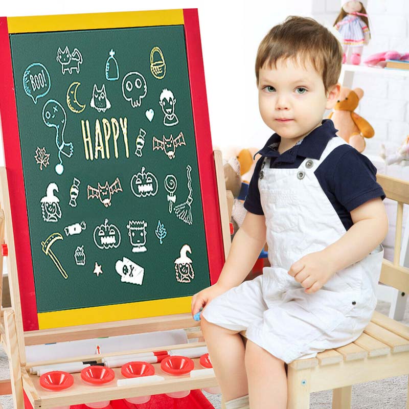 3-in-1 Wood Kids Art Easel Double-Sided Adjustable Toddler Drawing Board with Magnetic Whiteboard & Chalkboard, Accessories