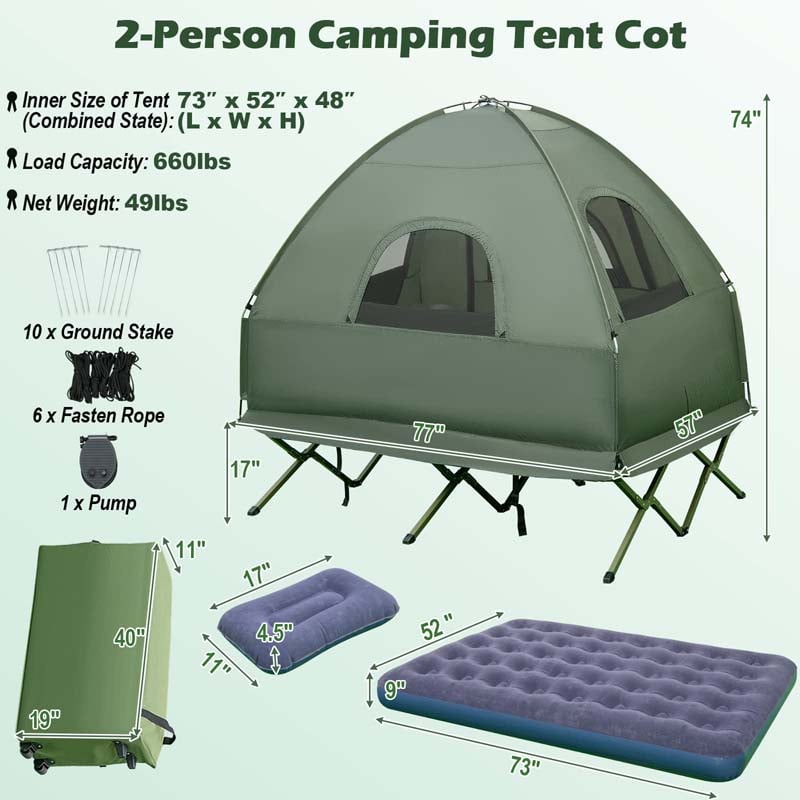5-in-1 Off-Ground Tent Cot 2-Person Foldable Camping Bed Tent with Awning, Air Mattress, Sleeping Bag, Carrying Bag