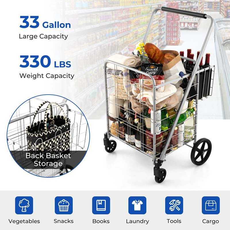 27.5 Gallon Jumbo Folding Shopping Cart with Waterproof Liner & Double Basket, Heavy Duty Portable Utility Cart for Grocery Market Laundry