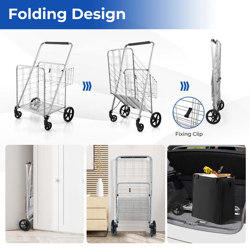 27.5 Gallon Jumbo Folding Shopping Cart with Waterproof Liner & Double Basket, Heavy Duty Portable Utility Cart for Grocery Market Laundry