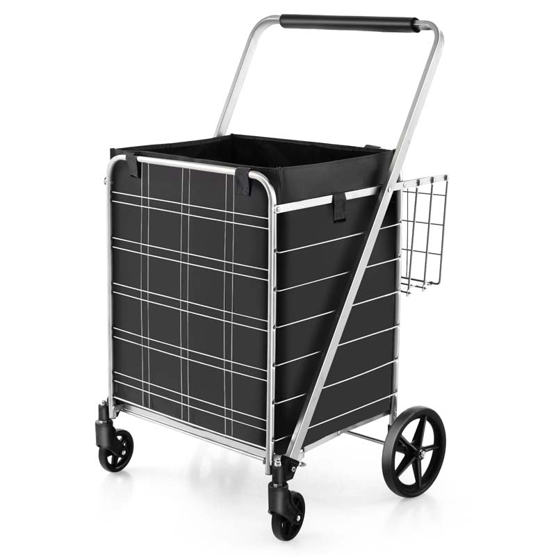 27.5 Gallon Jumbo Folding Shopping Cart with Waterproof Liner & Double Basket, Heavy Duty Portable Utility Cart for Grocery Market Laundry