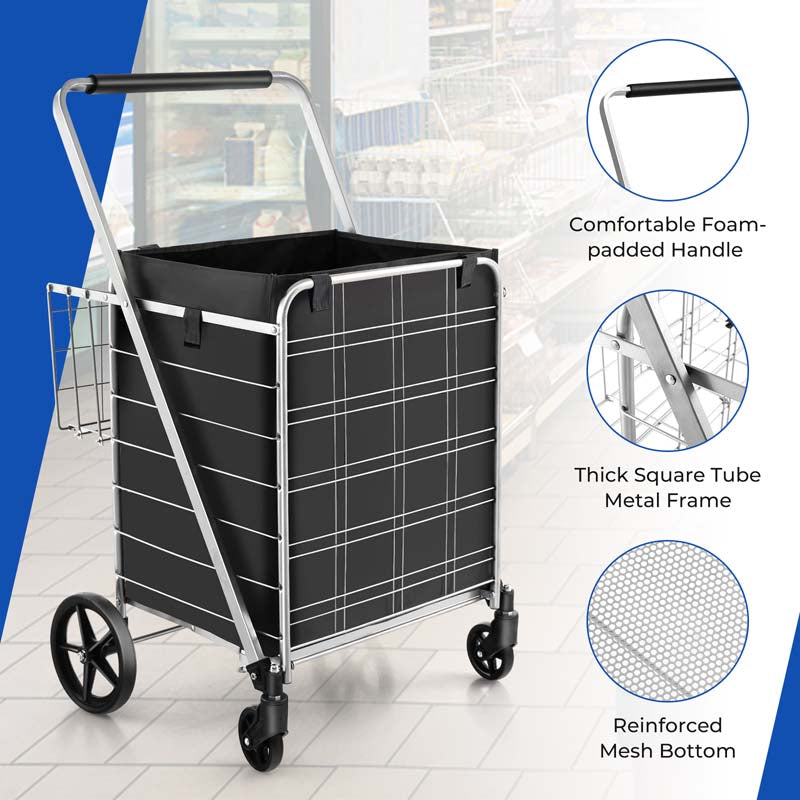 27.5 Gallon Jumbo Folding Shopping Cart with Waterproof Liner & Double Basket, Heavy Duty Portable Utility Cart for Grocery Market Laundry