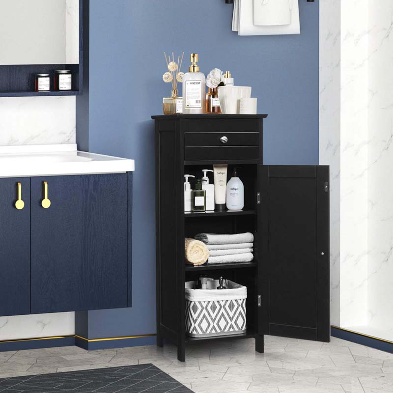 Free-Standing Wooden Floor Storage Cabinet w/Large Drawer & 2 Adjustable Shelves, Morden Side Storage Bathroom Organizer Cabinet