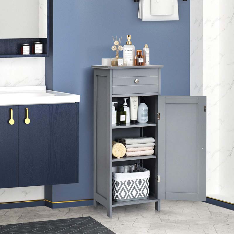 Free-Standing Wooden Floor Storage Cabinet w/Large Drawer & 2 Adjustable Shelves, Morden Side Storage Bathroom Organizer Cabinet