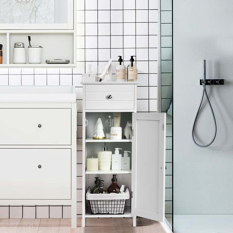 Free-Standing Wooden Floor Storage Cabinet w/Large Drawer & 2 Adjustable Shelves, Morden Side Storage Bathroom Organizer Cabinet