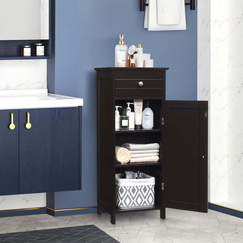 Free-Standing Wooden Floor Storage Cabinet w/Large Drawer & 2 Adjustable Shelves, Morden Side Storage Bathroom Organizer Cabinet
