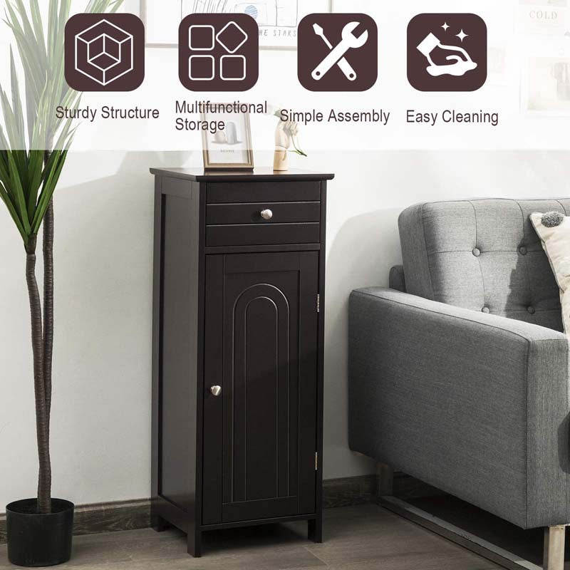 Free-Standing Wooden Floor Storage Cabinet w/Large Drawer & 2 Adjustable Shelves, Morden Side Storage Bathroom Organizer Cabinet
