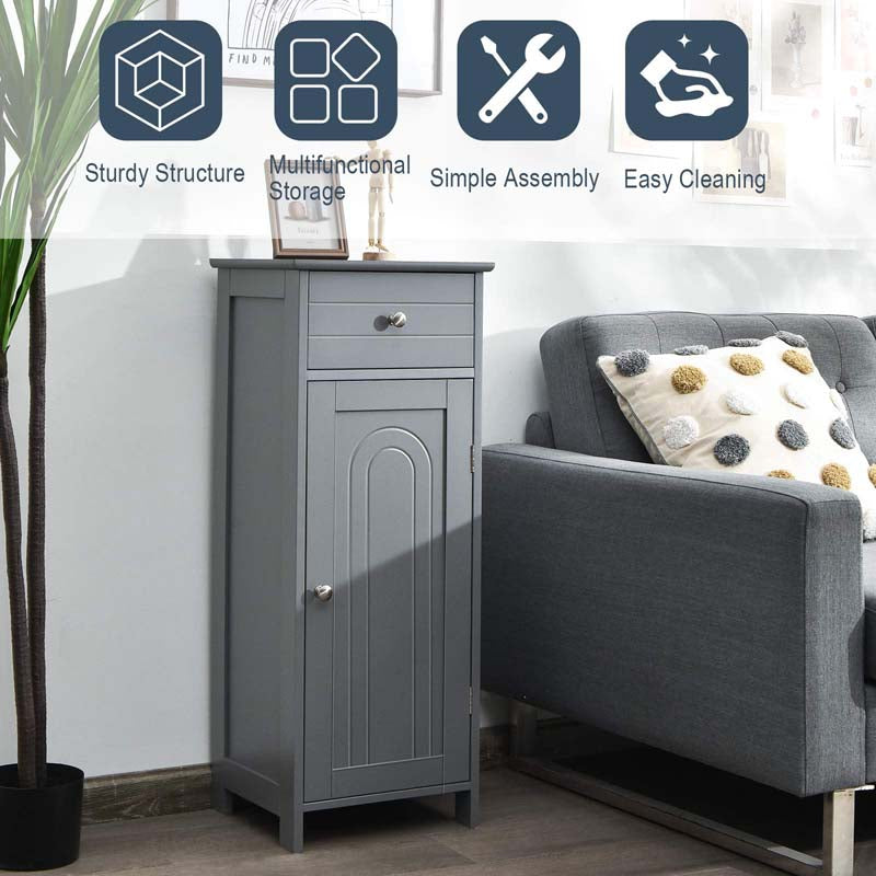 Free-Standing Wooden Floor Storage Cabinet w/Large Drawer & 2 Adjustable Shelves, Morden Side Storage Bathroom Organizer Cabinet