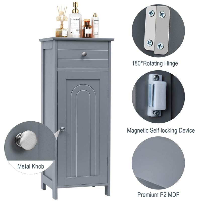 Free-Standing Wooden Floor Storage Cabinet w/Large Drawer & 2 Adjustable Shelves, Morden Side Storage Bathroom Organizer Cabinet