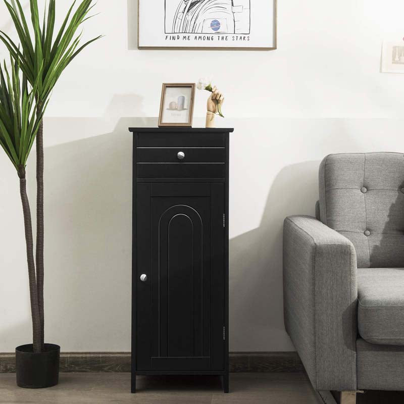 Free-Standing Wooden Floor Storage Cabinet w/Large Drawer & 2 Adjustable Shelves, Morden Side Storage Bathroom Organizer Cabinet