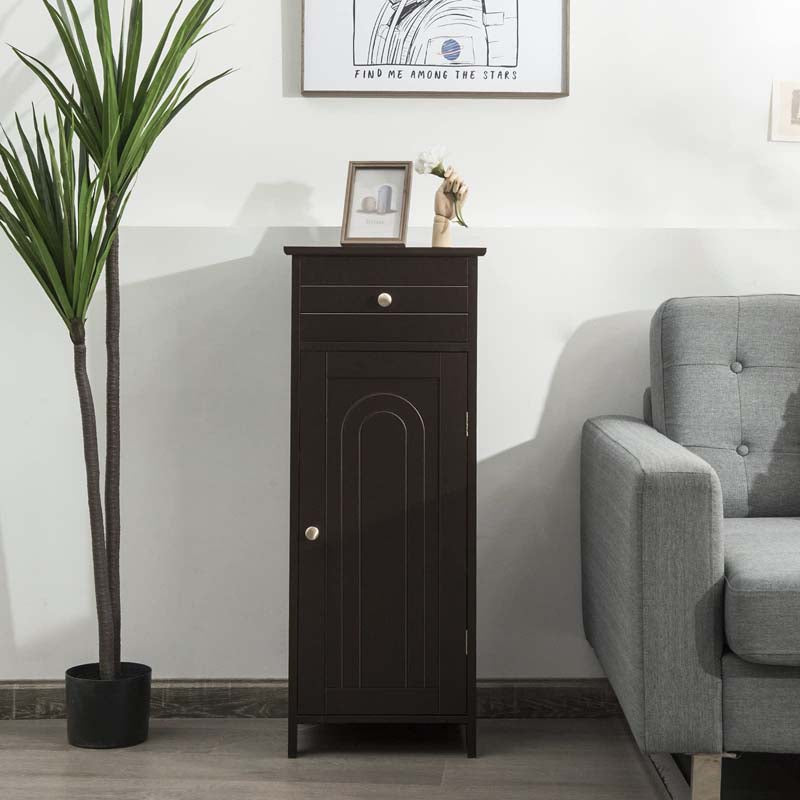 Free-Standing Wooden Floor Storage Cabinet w/Large Drawer & 2 Adjustable Shelves, Morden Side Storage Bathroom Organizer Cabinet