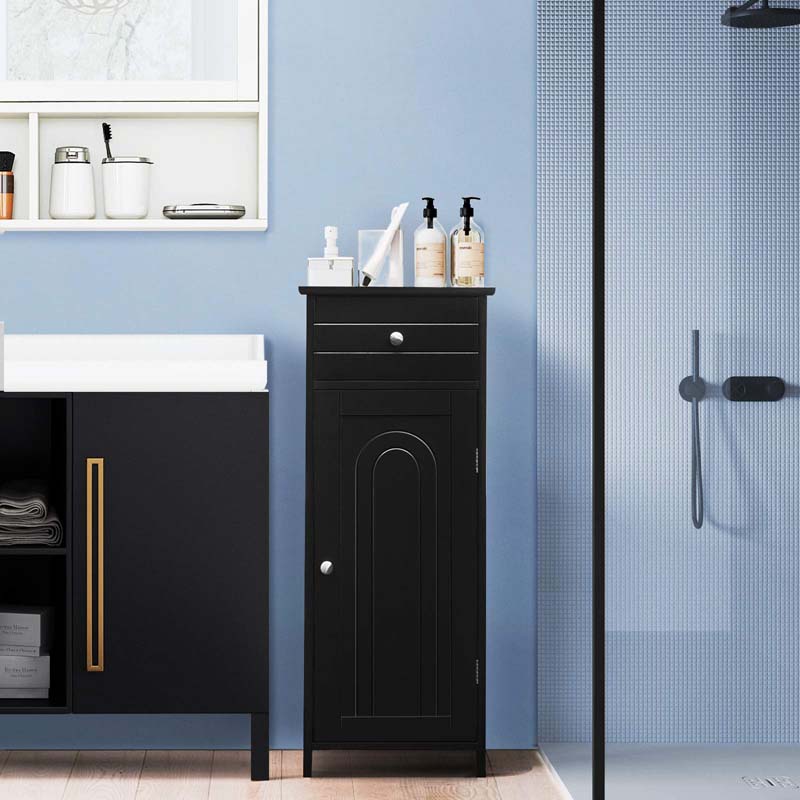 Free-Standing Wooden Floor Storage Cabinet w/Large Drawer & 2 Adjustable Shelves, Morden Side Storage Bathroom Organizer Cabinet