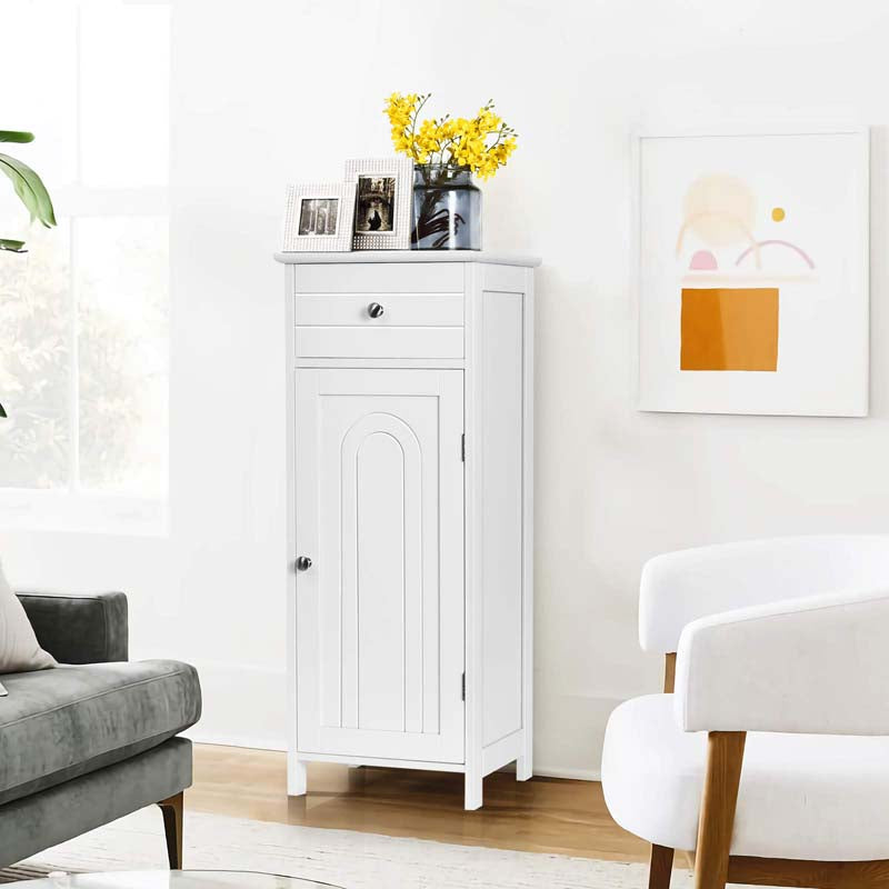 Free-Standing Wooden Floor Storage Cabinet w/Large Drawer & 2 Adjustable Shelves, Morden Side Storage Bathroom Organizer Cabinet