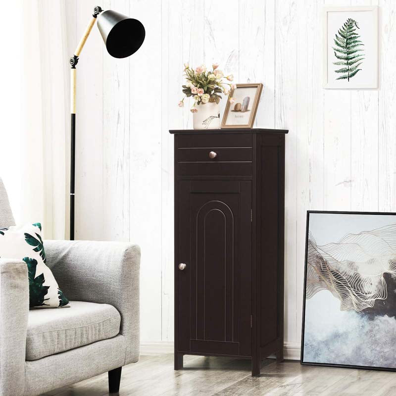 Free-Standing Wooden Floor Storage Cabinet w/Large Drawer & 2 Adjustable Shelves, Morden Side Storage Bathroom Organizer Cabinet