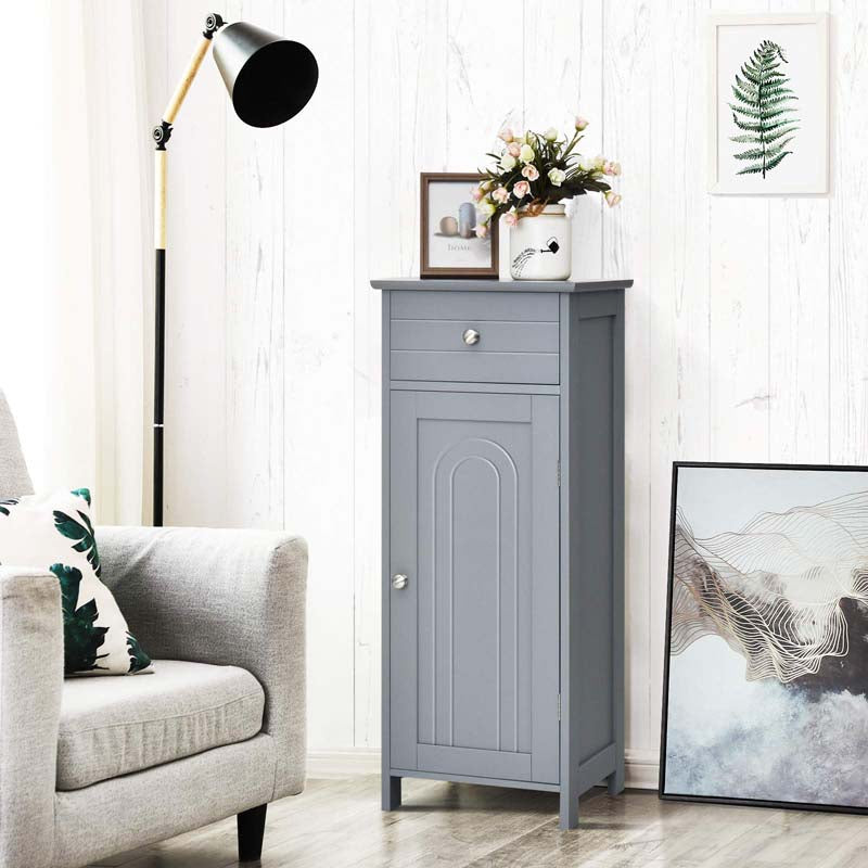 Free-Standing Wooden Floor Storage Cabinet w/Large Drawer & 2 Adjustable Shelves, Morden Side Storage Bathroom Organizer Cabinet