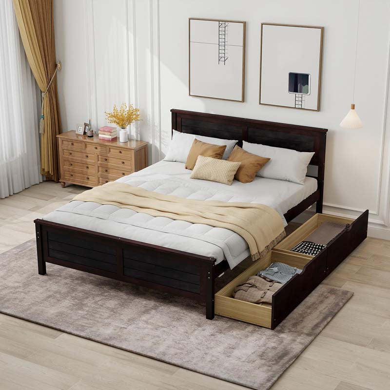 Twin/Full Size Solid Wood Platform Bed Frame with 2 Storage Drawers & Headboard, Wooden Slats Support Mattress Foundation