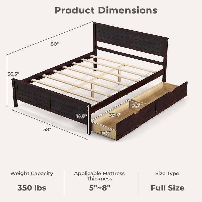 Twin/Full Size Solid Wood Platform Bed Frame with 2 Storage Drawers & Headboard, Wooden Slats Support Mattress Foundation
