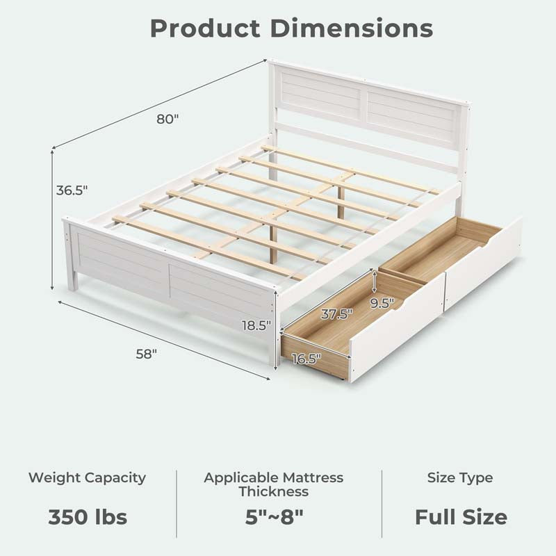Twin/Full Size Solid Wood Platform Bed Frame with 2 Storage Drawers & Headboard, Wooden Slats Support Mattress Foundation