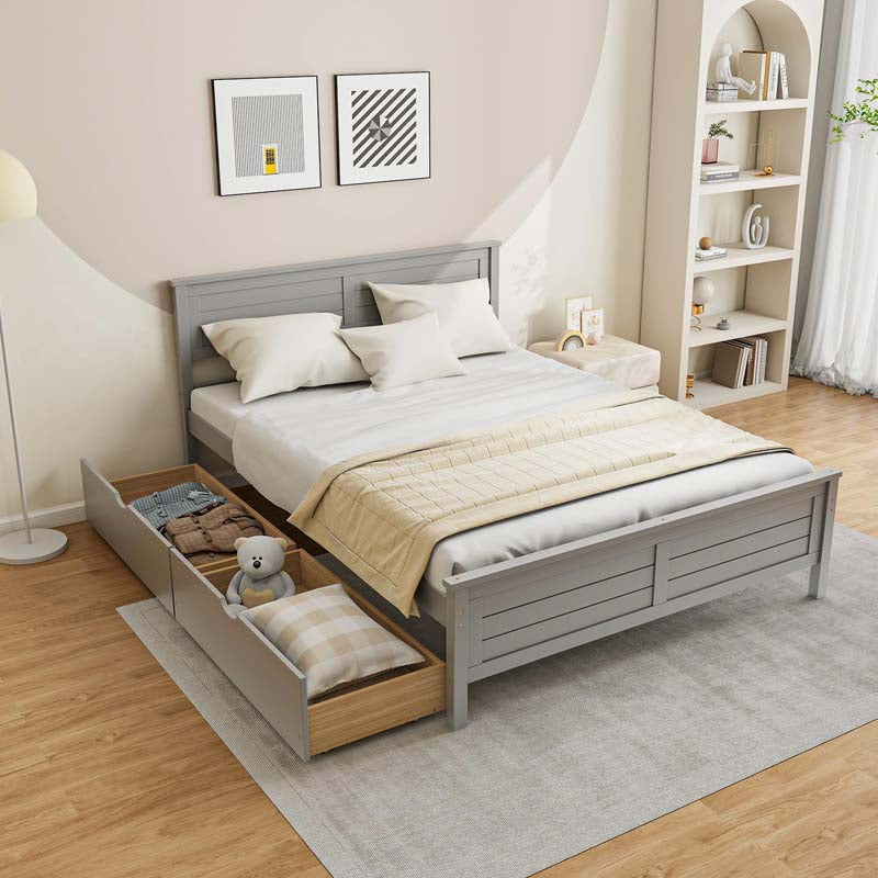 Twin/Full Size Solid Wood Platform Bed Frame with 2 Storage Drawers & Headboard, Wooden Slats Support Mattress Foundation