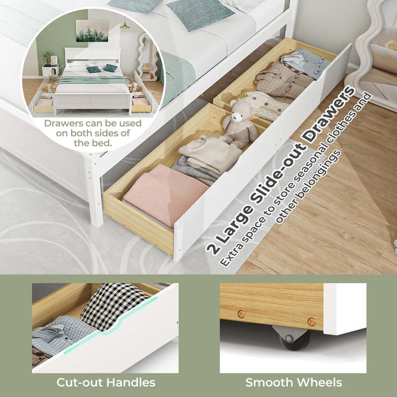 Twin/Full Size Solid Wood Platform Bed Frame with 2 Storage Drawers & Headboard, Wooden Slats Support Mattress Foundation