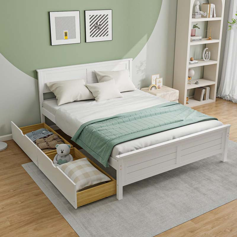 Twin/Full Size Solid Wood Platform Bed Frame with 2 Storage Drawers & Headboard, Wooden Slats Support Mattress Foundation