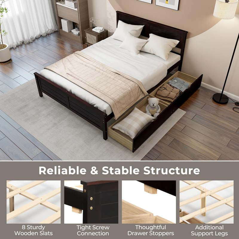 Twin/Full Size Solid Wood Platform Bed Frame with 2 Storage Drawers & Headboard, Wooden Slats Support Mattress Foundation