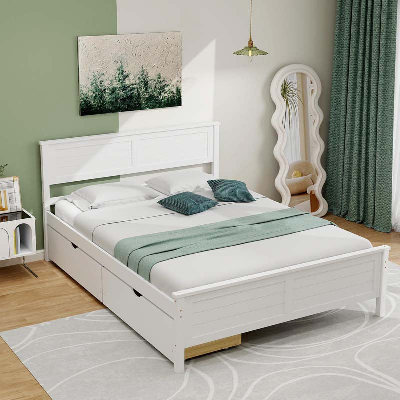 Twin/Full Size Solid Wood Platform Bed Frame with 2 Storage Drawers & Headboard, Wooden Slats Support Mattress Foundation