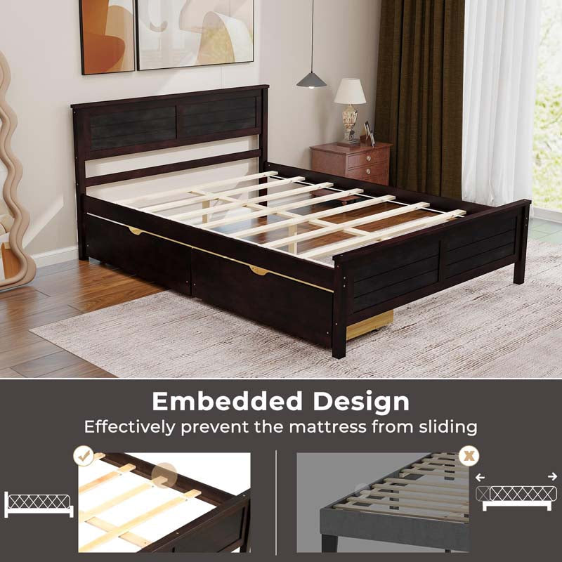 Twin/Full Size Solid Wood Platform Bed Frame with 2 Storage Drawers & Headboard, Wooden Slats Support Mattress Foundation